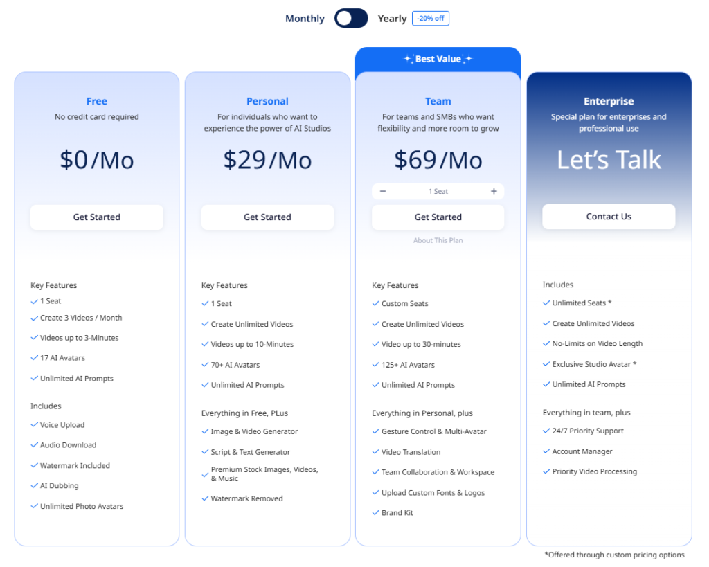 best AI video generator for PC: Deepbrain AI pricing