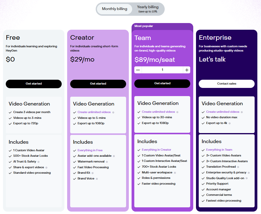 best AI video generator with human avatar: HeyGen pricing